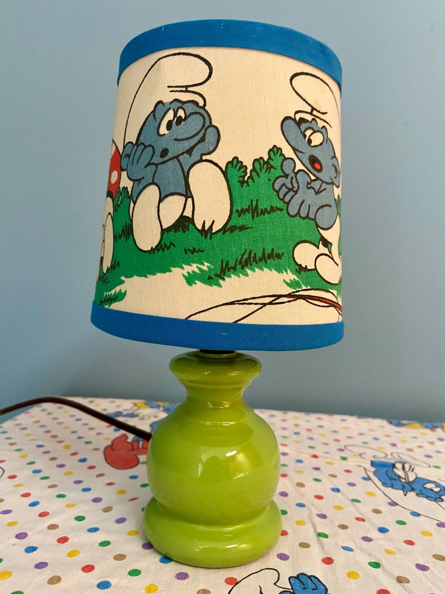 Bébé lampe Créa CHACH pied bois vert pomme abat-jour vintage SCHTROUMPS