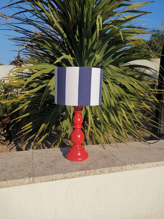Grande lampe pied bois rouge abat-jour RAYURES bleu marine