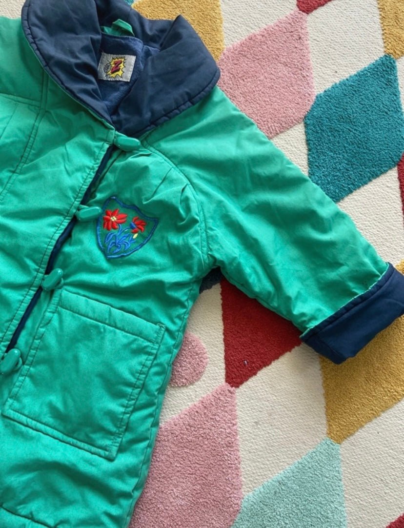 Manteau chaud vintage Bleu/vert écusson fleuri