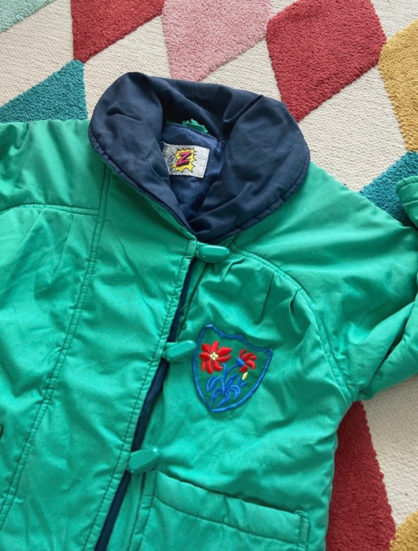 Manteau chaud vintage Bleu/vert écusson fleuri