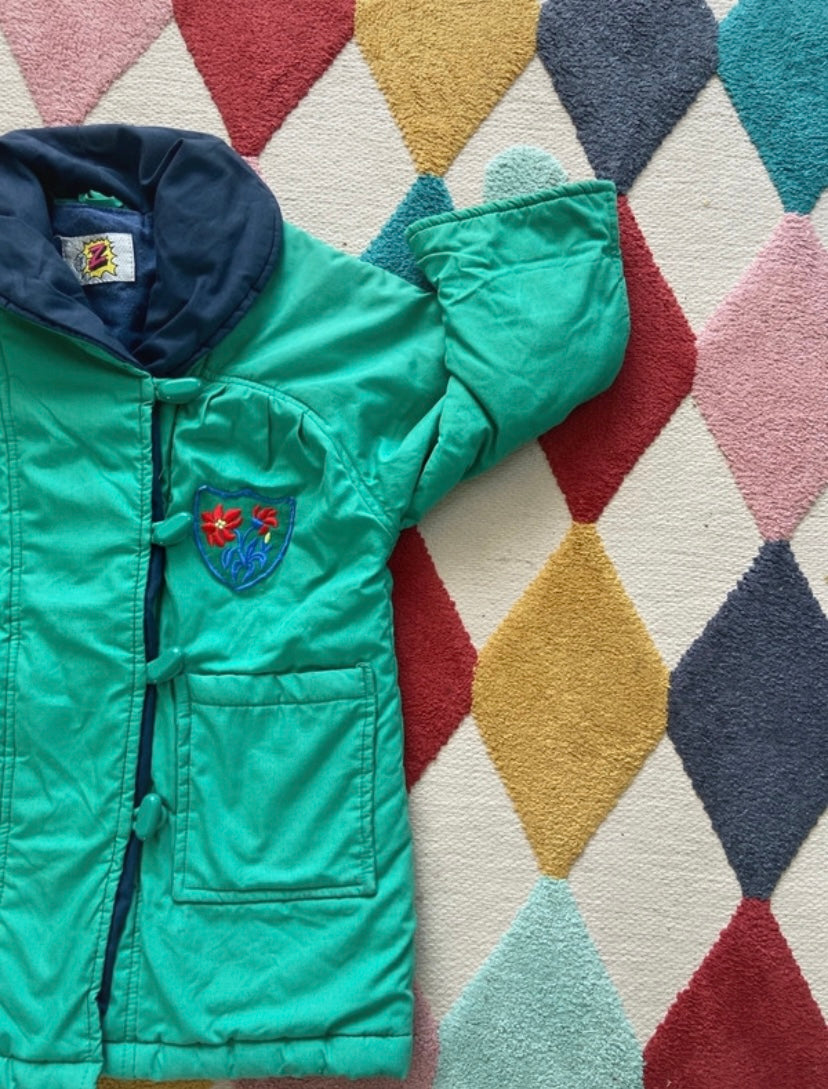 Manteau chaud vintage Bleu/vert écusson fleuri