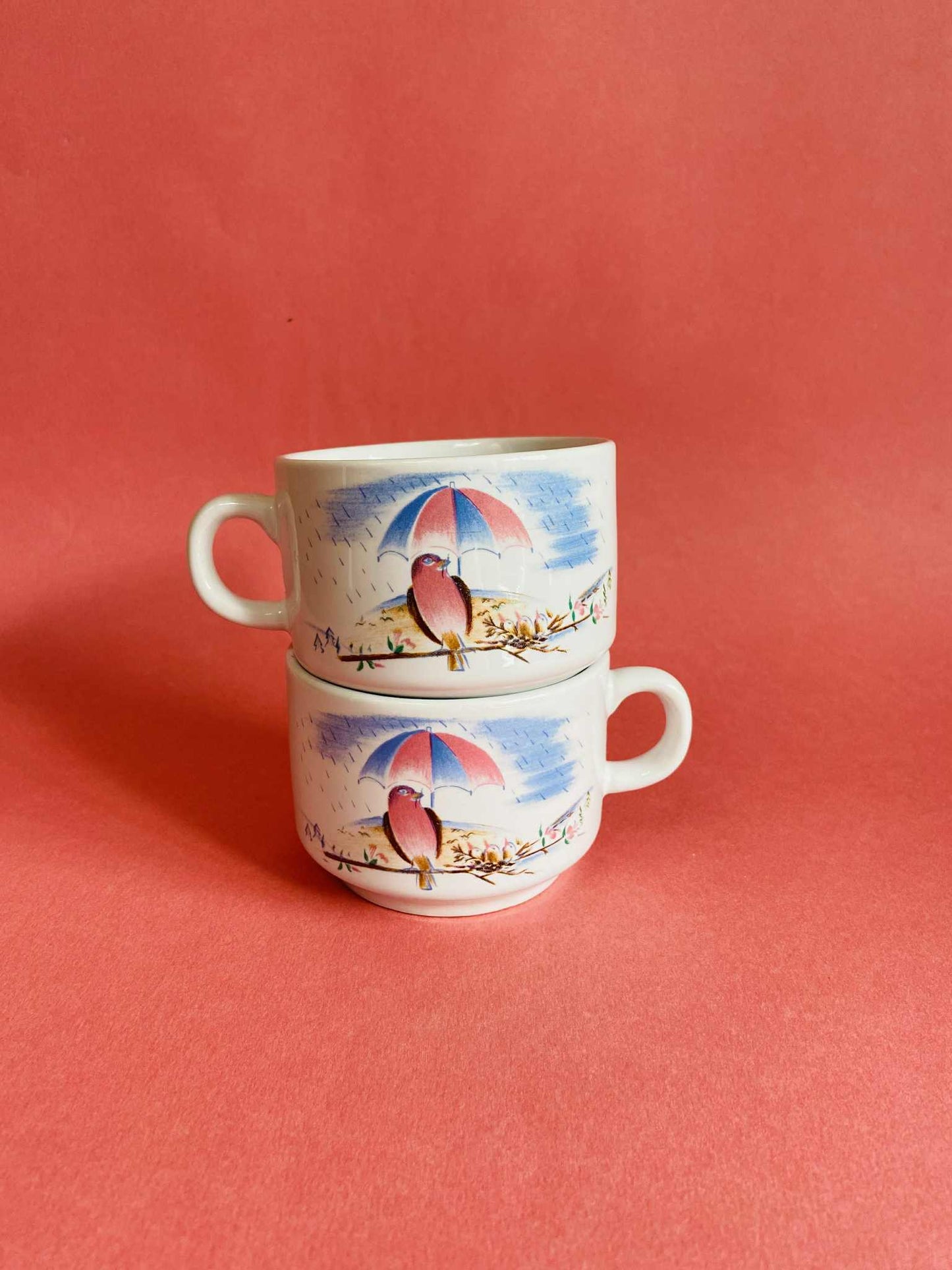 Duo tasse à café OISEAU SOUS LA PLUIE