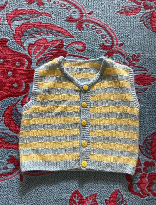Gilet sans manches vintage rayures bleu ciel et jaune