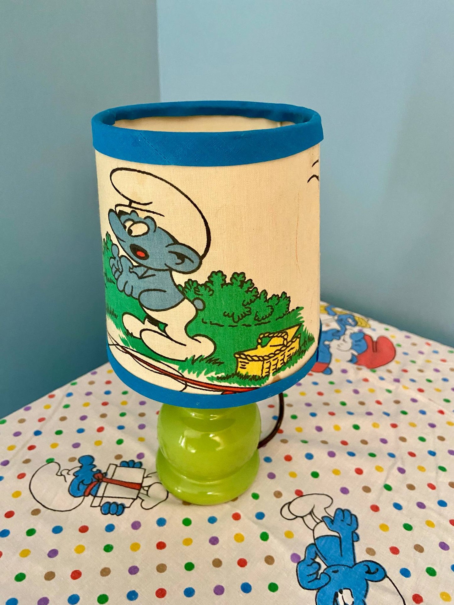 Bébé lampe Créa CHACH pied bois vert pomme abat-jour vintage SCHTROUMPS