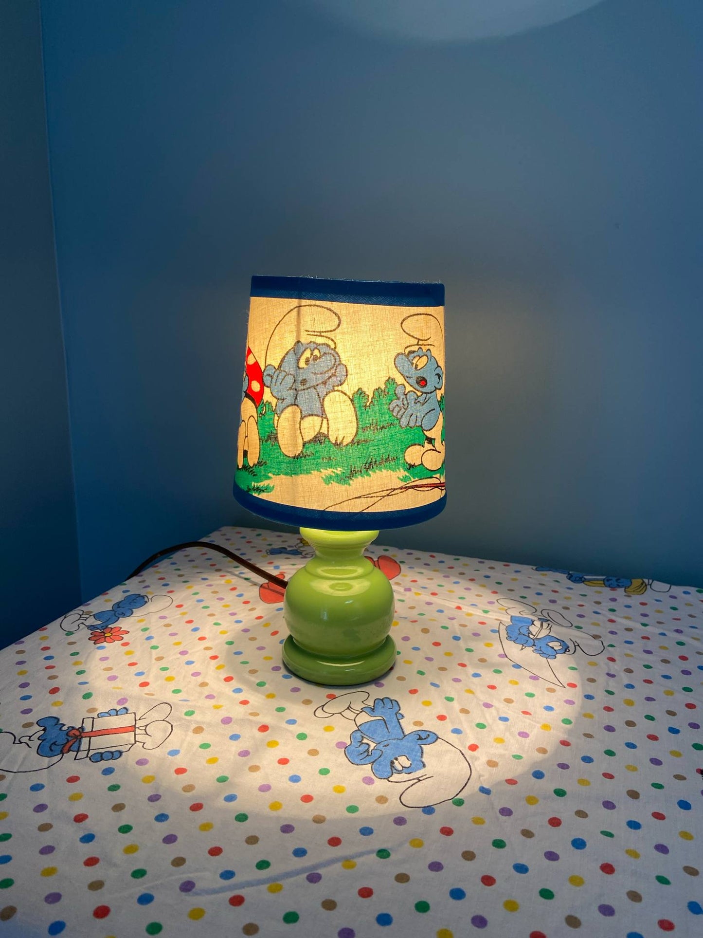 Bébé lampe Créa CHACH pied bois vert pomme abat-jour vintage SCHTROUMPS