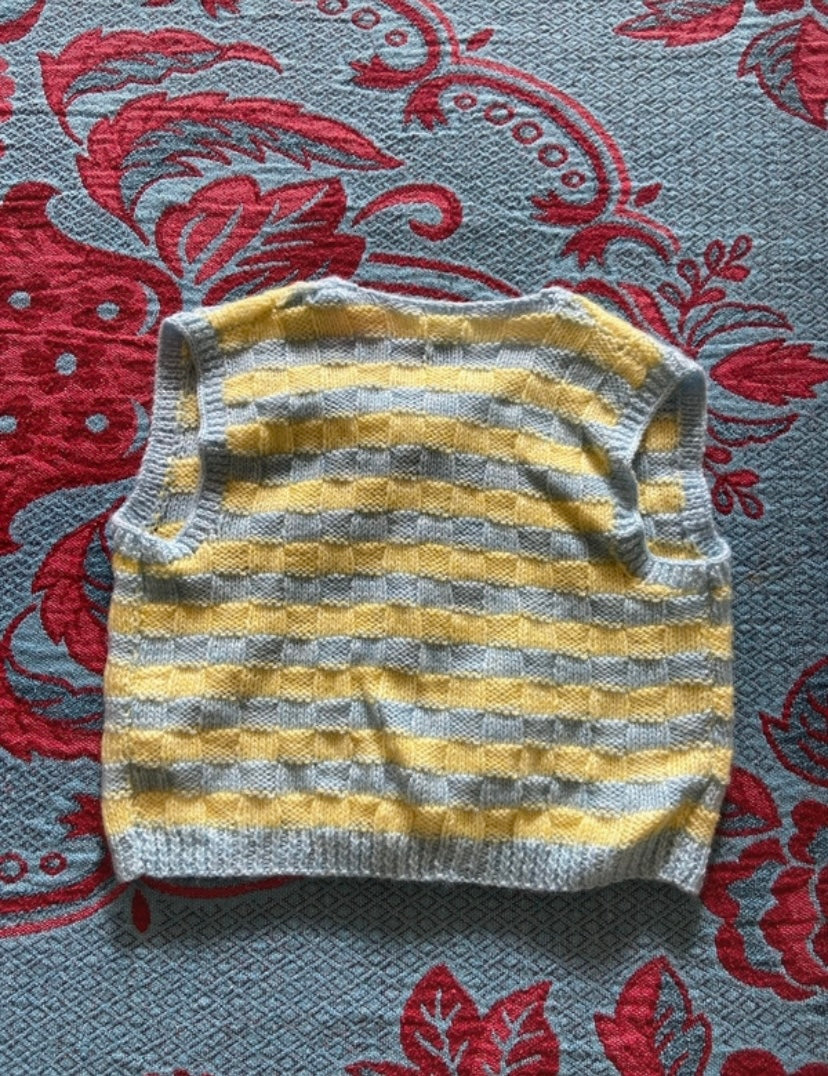 Gilet sans manches vintage rayures bleu ciel et jaune