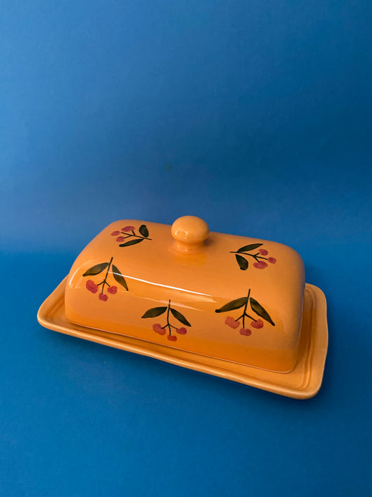 Beurrier céramique jaune orangé motif CERISES