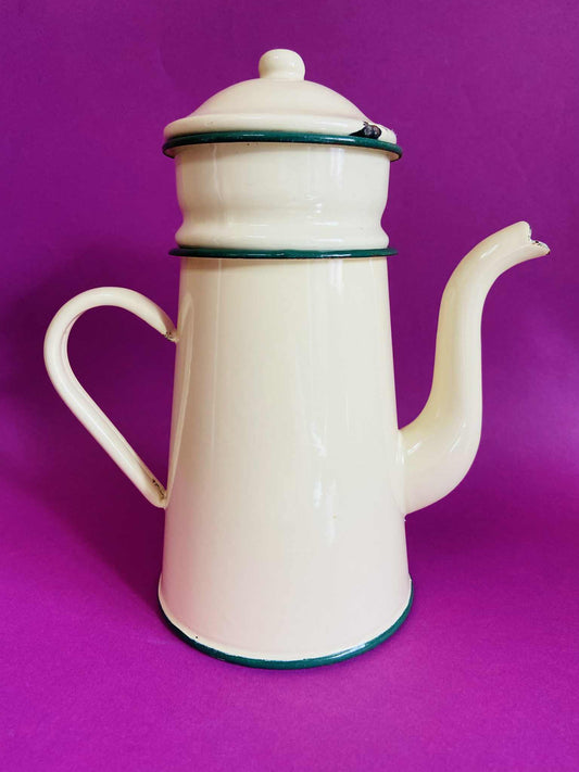Ancienne cafetière émaillée CREME/VERT