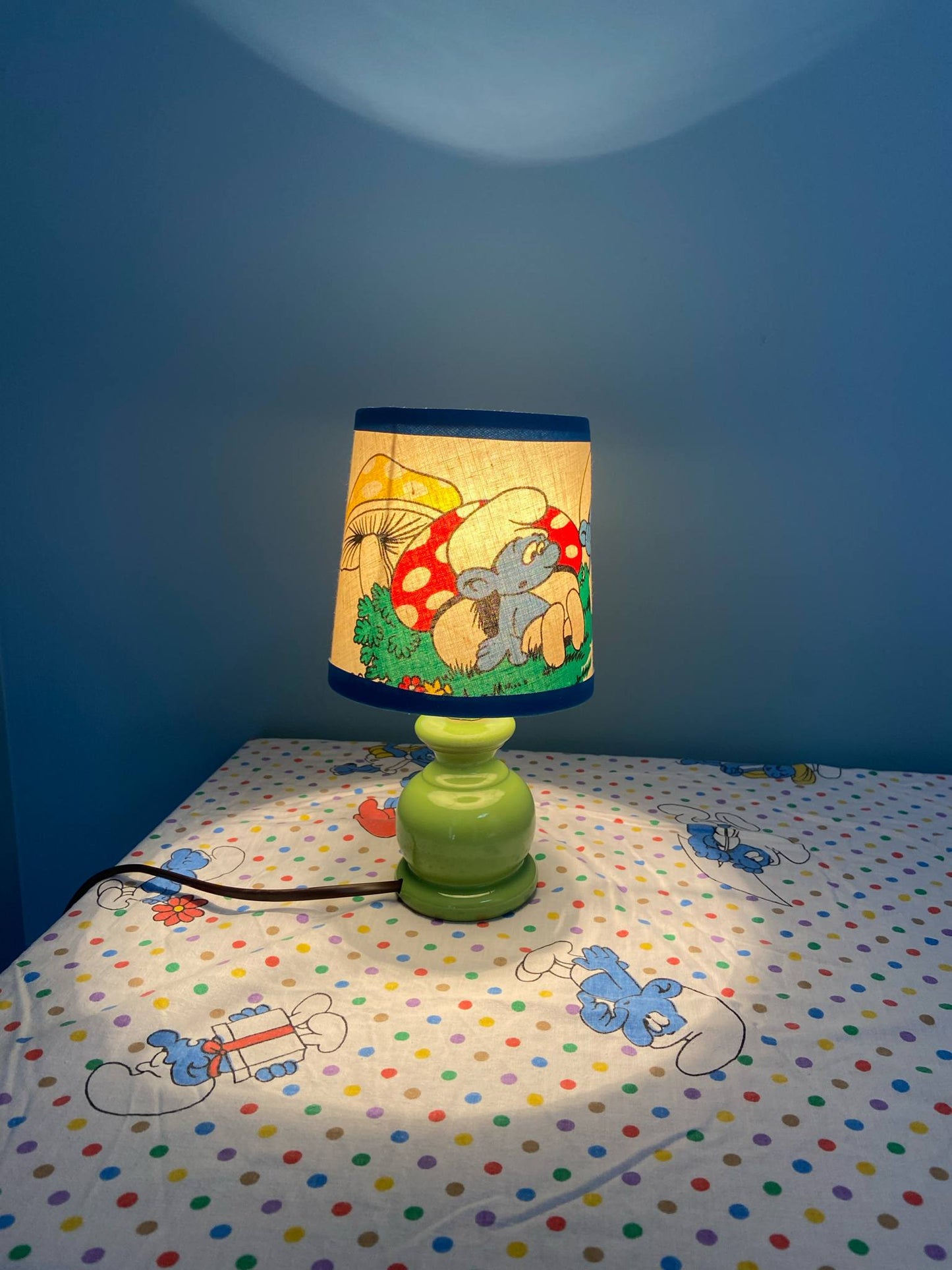 Bébé lampe Créa CHACH pied bois vert pomme abat-jour vintage SCHTROUMPS